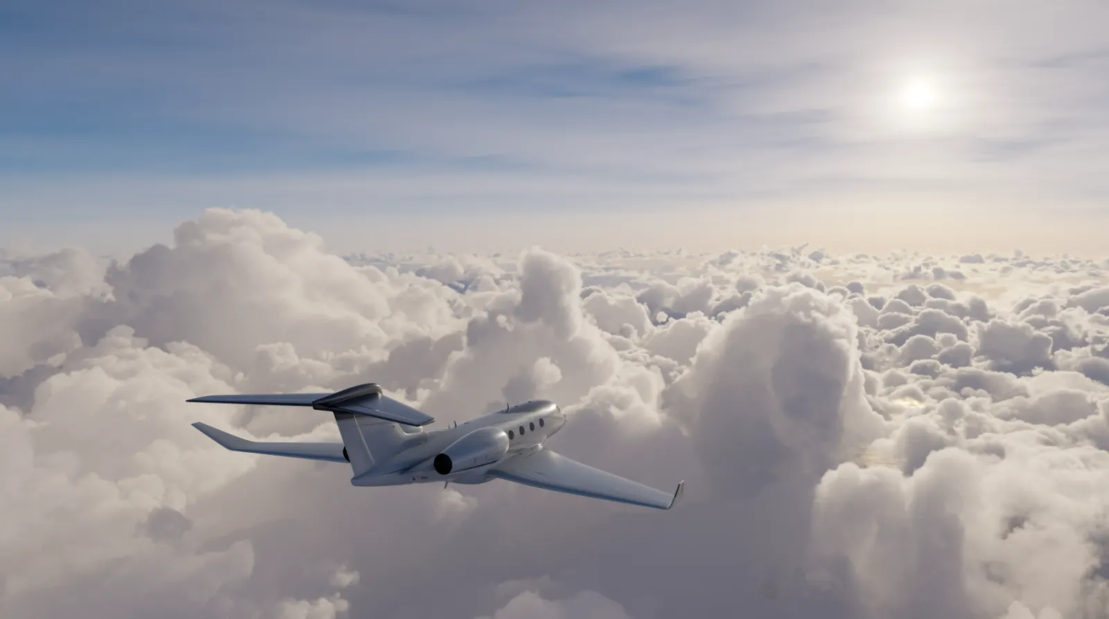 Jet privé long-courrier en vol au-dessus de la mer de nuages