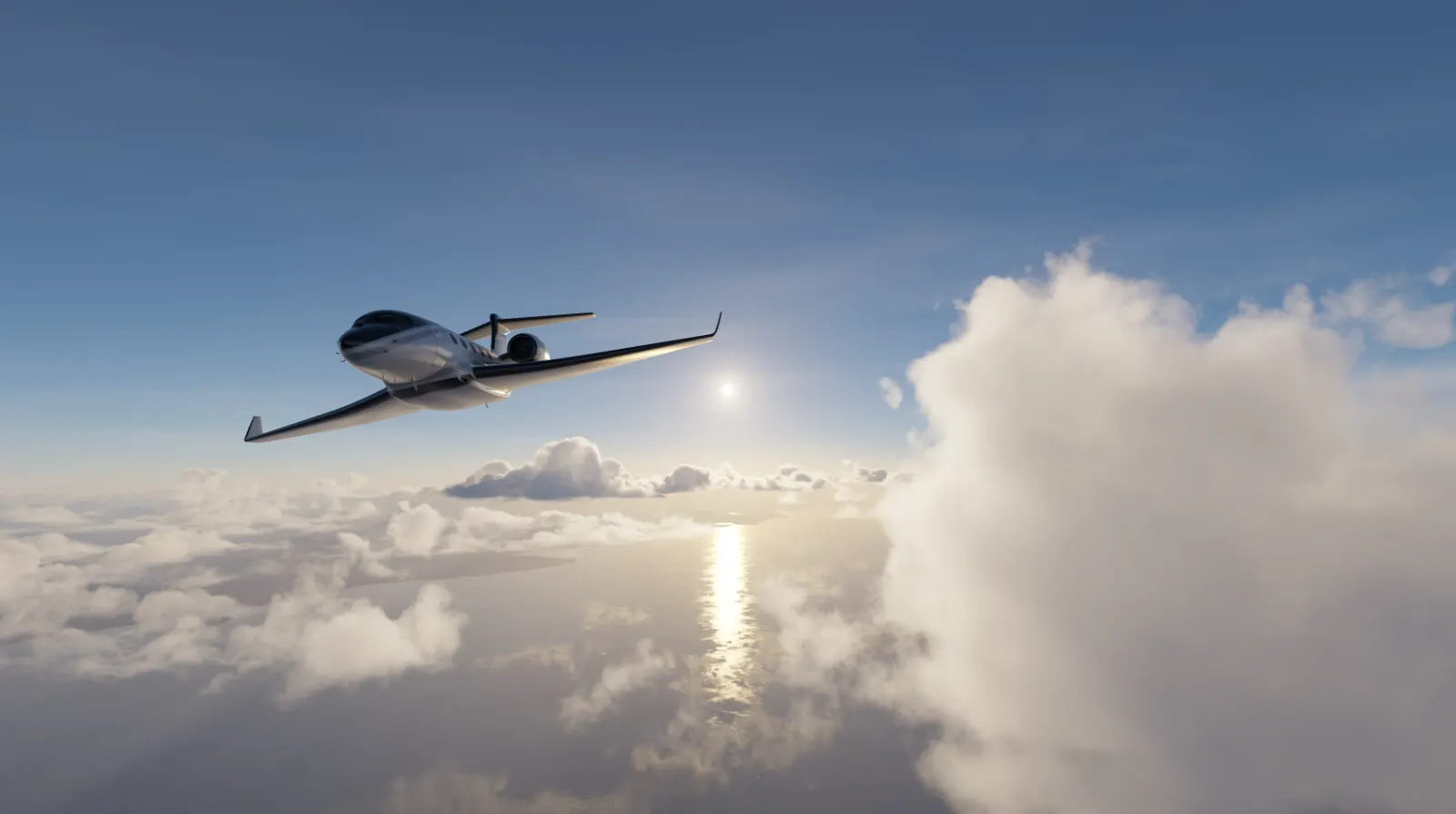 Location de jet privé en France : jet d’affaires en vol au coucher du soleil au-dessus de la mer