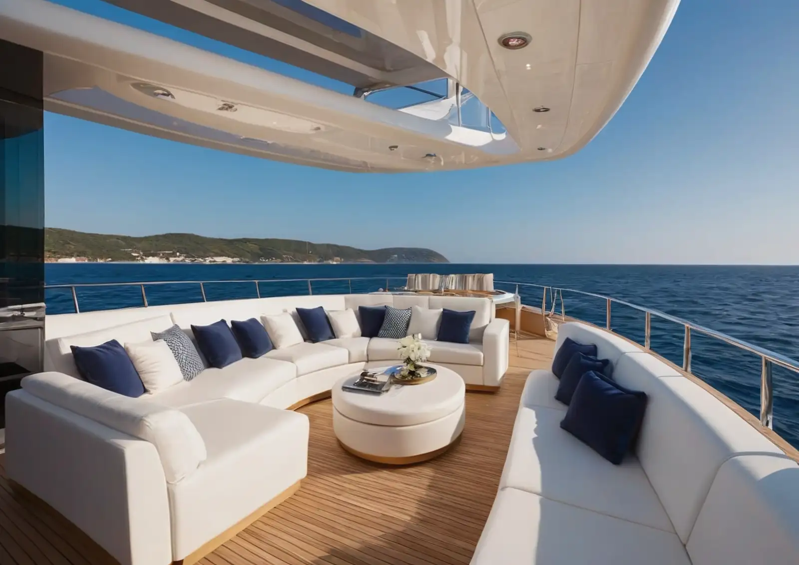 Location de yacht de luxe : salon de pont face à la Méditerranée